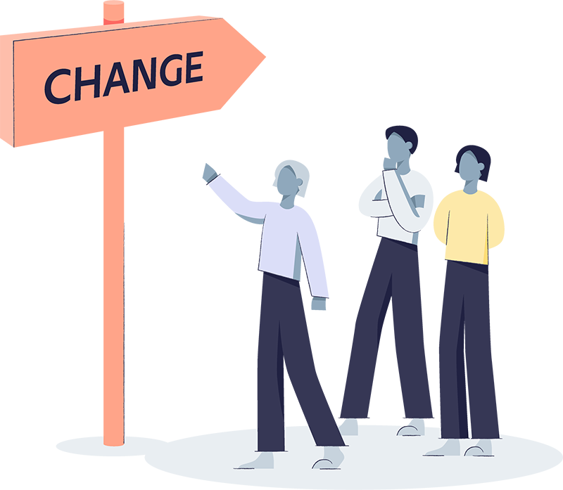 Illustration mehrerer Menschen, die auf einen Wegweiser blicken, auf dem das Wort "Change" geschrieben steht.