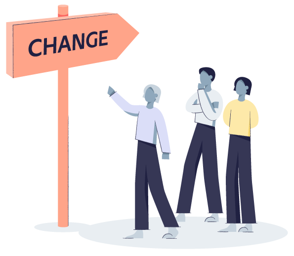 Illustration mit einem Wegweiser, auf dem Change steht, mit drei Personen davor