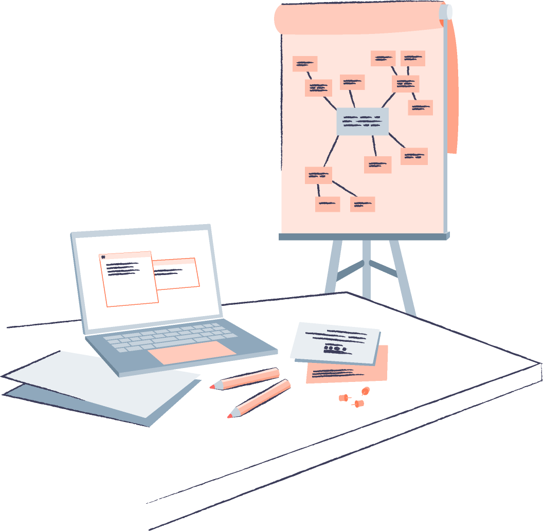Eine Illustration zeigt einen Schreibtisch mit Laptop, Notizblöcken und Stiften, der für eine Besprechung vorbereitet ist. Im Hintergrund steht ein Flipchart mit einer Mindmap, das auf strukturierte Planung hinweist. Die Farben sind in Blau- und Orangetönen gehalten, was eine moderne und Ästhetik vermittelt.