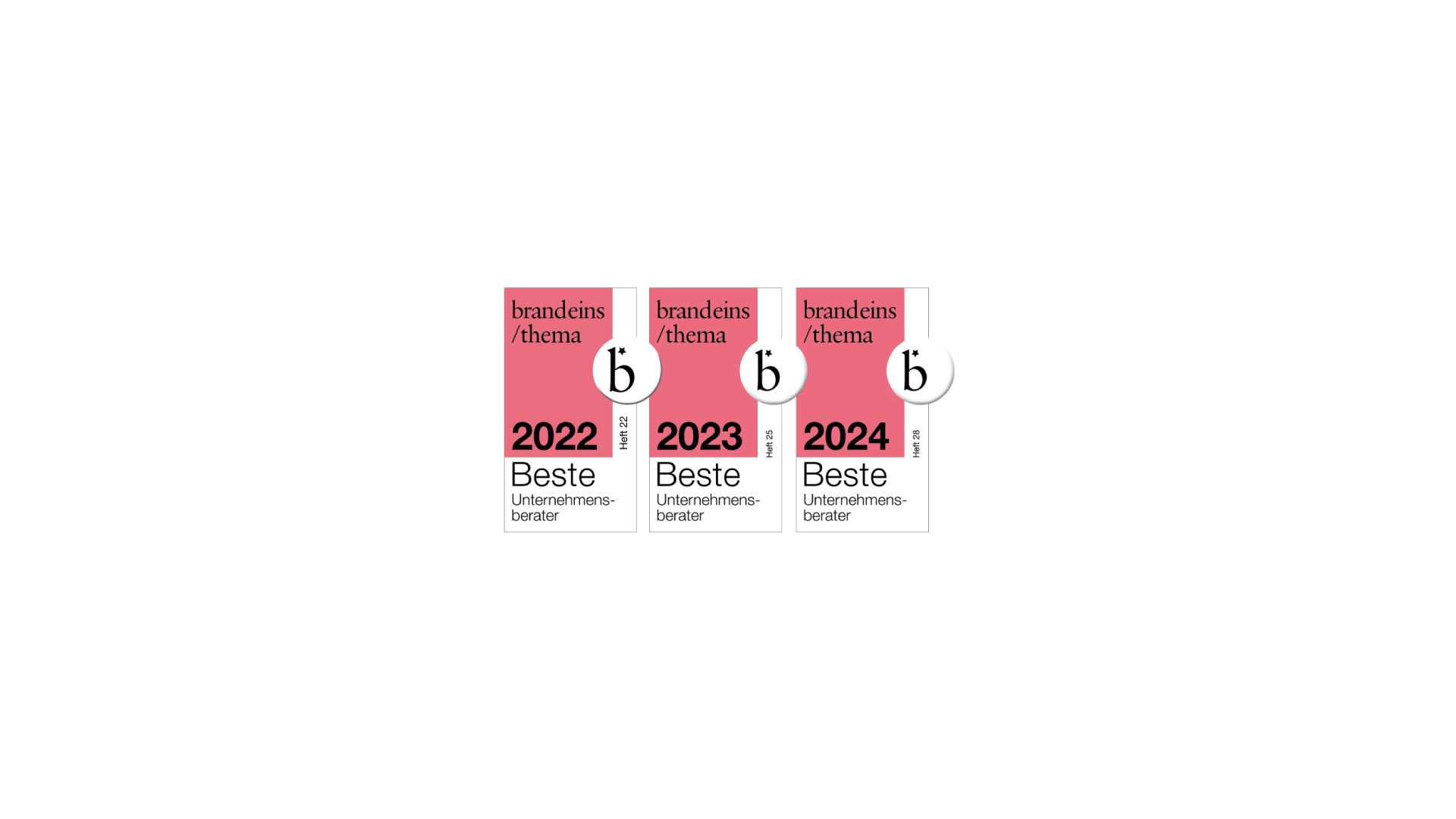 Dreierreihe des Siegels "Beste Berater" der Zeitschrift Brand Eins für die Jahre 2022, 2023 und 2024