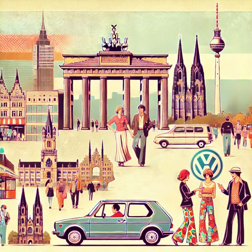 Retro-inspirierte Illustration mit ikonischen deutschen Wahrzeichen und Alltagsszenen aus den 1970er Jahren. Zu sehen sind das Brandenburger Tor, der Kölner Dom und der Berliner Fernsehturm. Menschen in zeittypischer Kleidung, wie Schlaghosen und bunte Hemden, spazieren oder unterhalten sich. Im Vordergrund steht ein VW Golf, ein typisches Auto dieser Ära.